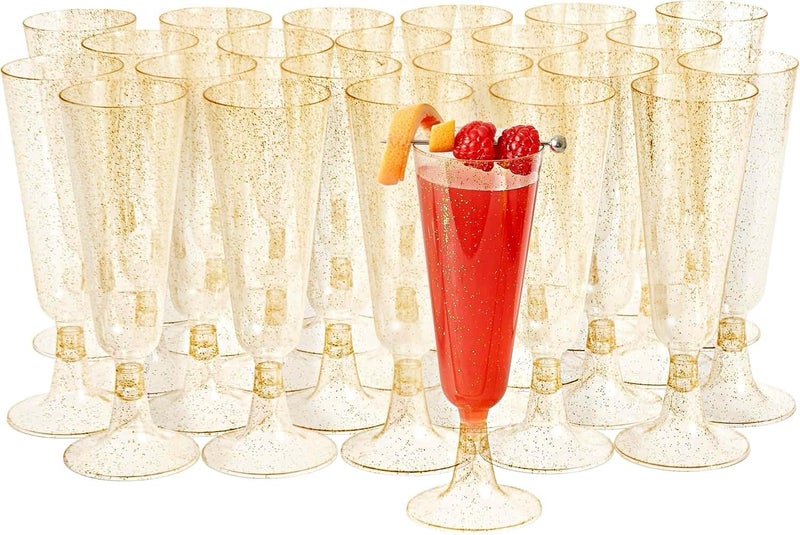 MATANA 100 Premium Plastic Champagne Flutes, Gold Glitter 5oz - Reusable Champagne and Cocktail Glasses for Mimosa, Dessert, Wine - Toasting Glasses for Parties, Weddings - Image 1